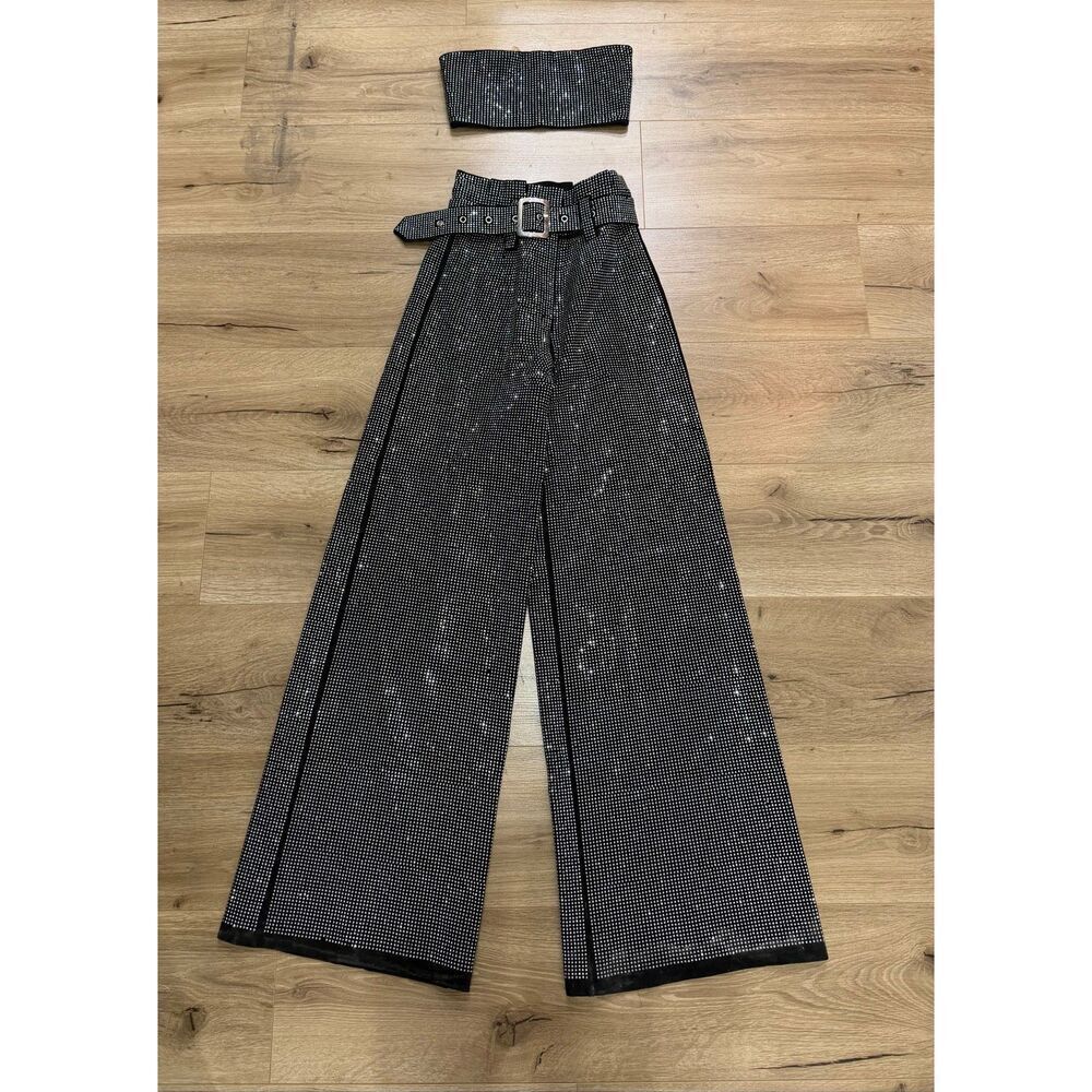 I AM GIA size XS black diamond tube top and high waisted pants set with belt